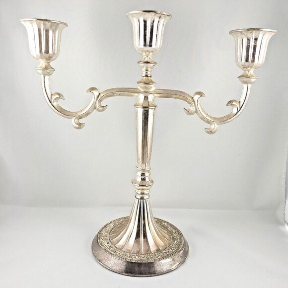 Candelabra-3 Holder-Zinc Plated-England-Blue Felt Bottom-Vintage- 10in x 10in - Picture 1 of 8